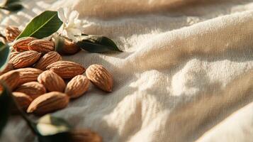 Almonds and Blossoms. Natural Still Life on Textured Fabric Surface photo