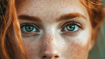 Captivating Eyes. Close-Up on Beauty with Freckles and Red Hair, Unveiling Natural Elegance photo