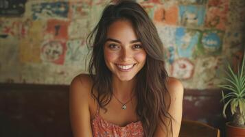 Smiling Girl with Freckles Portrait, Captivating Brown Hair, Eyes, Grin and Positive Vibes photo