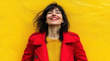 Radiant Woman, Smiling Against Yellow Backdrop Wearing Red Coat and Yellow Sweater. photo