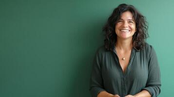 Smiling Woman Portrait against Green Backdrop, Natural Look and Beautiful Smile photo
