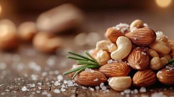 Roasted Almonds and Cashews Stacked on Wooden Surface with Rosemary, Salt Crystals photo