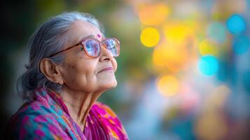 Senior Woman with Glasses Looking Upwards with Hopeful Expression and Wisdom on Her Face photo