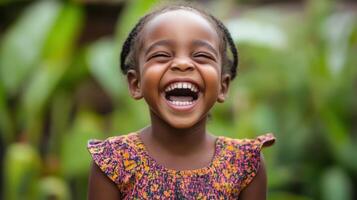 Delighted Youngster Laughing Joyfully Outdoors Radiating Happiness and Innocence photo
