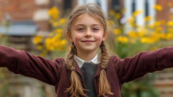 Sweet Little Girl with Braids and Freckles Smiling Outdoors in Warm Autumn Light photo