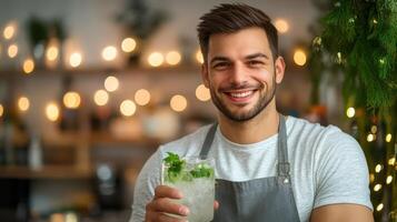 Bartender Holding Mojito Cocktail, Refreshing Drink with Mint and Lime, Smiling with Apron, Handsome photo