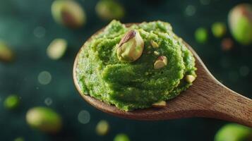 Vibrant Pistachio Paste on Spoon. Green Delight in Every Bite and Perfect Ingredient photo