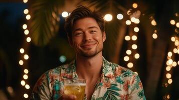 Relaxed Man Enjoying Beverage. Summer Vibes and Evening Lights on Vacation photo