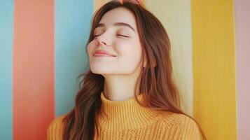 Girl Smiling in Tranquility, Eyes Closed Against Colorful Wall, Warm Golden Sweater photo