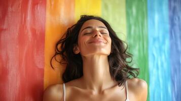 Serene Woman Lounging Against Rainbow Wall with Closed Eyes and Smiling Face photo