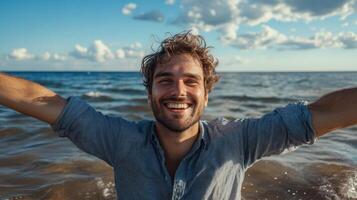 Joyful Man at Beach Smiling with Open Arms Embracing Ocean Breeze Under Bright Sky photo