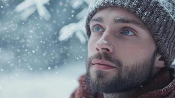 Thoughtful Man with Beanie Hat and Beard Looks Upward in Snow Winter Season photo
