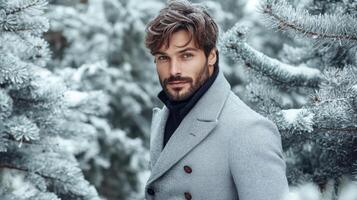 Winter Portrait. Handsome Man in Grey Coat in Snowy Forest. Charming Look. photo