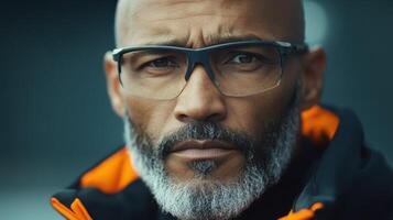 Bald Man in Glasses. Focused Portrait Capturing Strength and Depth of Character photo