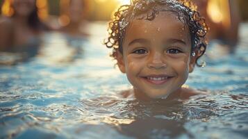 Child Smiles in Pool Water, Sun Kissed, Summer Fun and Swimming Joy photo