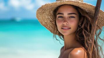 Smiling Woman Wearing Straw Hat on Beach with Turquoise Water View. photo