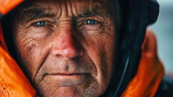 Intense Face. Close Up Portrait with Vivid Blue Eyes and Weathered Skin Details photo