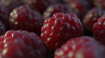 Delightful Red Raspberries Close Up View. Juicy Raspberries Fresh from Garden Fruit Patch photo
