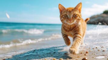 Ginger Cat Enjoying Beach Run On Sunny Day, Summer Vibes. Pet On Vacation photo