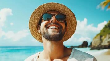 Smiling Man with Hat and Sunglasses Enjoying Beach Holiday Under Blue Sky photo
