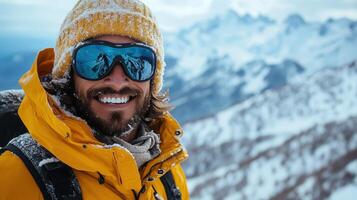 Smiling Adventurer. Mountains Reflected in Sunglasses on Winter Expedition photo