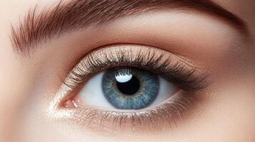 Close-up of Stunning Blue Eye with Brow, Eyelashes, and Shimmering Eyeshadow for Beauty and Cosmetics Concepts photo