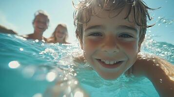 Child Swimming Fun, Boy in Aqua Water with Family in Background, Happy Smile, Enjoying Pool. photo