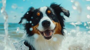 Happy Dog Splashing in Water. Playful Pet Enjoying Beach Fun, Ocean Adventure photo