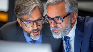 Two Concerned Businessmen Look at Data Closely, Wearing Glasses and Suits, Concentrated and Focused. photo