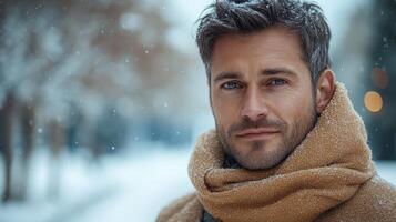 Handsome Man Winter Portrait. Elegant Man in Scarf enjoying Snow in Winter Park. photo