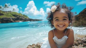 Smiling Little Girl with Curly Hair on Beach, Paradise Vacation Joy, Happy Memories photo