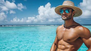 Muscular Man in Hat and Sunglasses on Beautiful Sea Background. Summer Vibes, Relaxation on Beach. photo