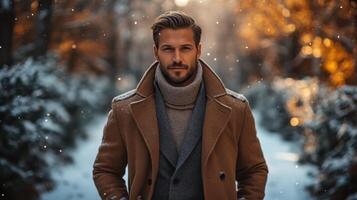 Handsome Man in Winter Coat, Stylish Scarf in Snowy Outdoors, Cold Weather photo