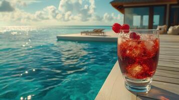 Refreshing Raspberry Cocktail. Ocean Breeze Escape with Iced Drink and Raspberries. photo