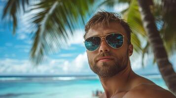 Bearded Man with Sunglasses on Beach, Enjoying Tropical Views and Sunshine, Relaxing. photo