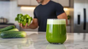 Healthy Green Juice Bliss. Man Prepares Refreshing Cucumber and Lettuce Drink. photo