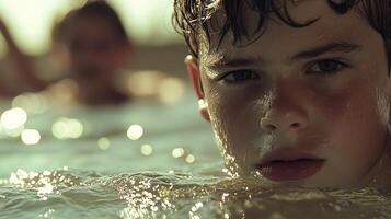 Boy Swims Summer Water. Kid Dips in Cool Waves on Hot Day, Fresh, Holiday, Vacation photo