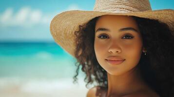 Young Woman in Straw Hat. Beach Serenity and Summer Vibes. Portrait Style. photo