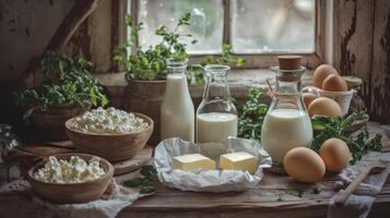 Farm Fresh Still Life. Milk, Cottage Cheese, Butter, and Eggs by Window Light photo