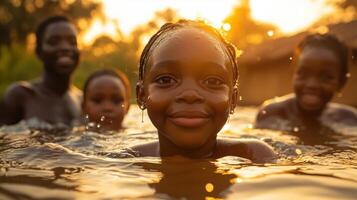 Girl Enjoying Water Fun at Sunset, Smiling. Warm Sunlight on Face. photo