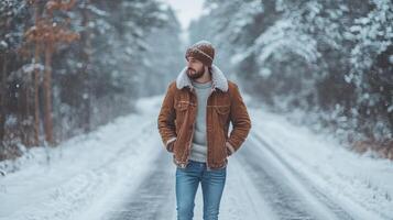 Man in Winter Jacket and Beanie Strolling Snowy Path amidst Winter Wonderland Forest photo