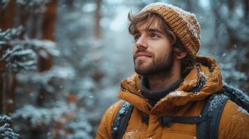 Adventurous Man in Winter Forest, Knitted Hat and Yellow Jacket Enjoying Snowfall Atmosphere, Exploring Nature's Beauty photo