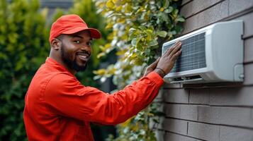 Smiling Technician Inspecting Air Conditioner, HVAC Maintenance and Repair Service photo