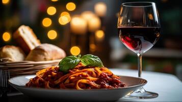 Delicious Pasta Dish with Fresh Basil and Glass of Red Wine, Culinary Feast photo