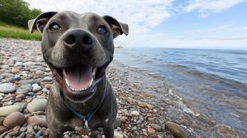 Happy Dog Portrait on Beach with Open Mouth, Dog having Good Time on Beach photo