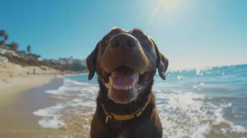 Happy Dog Snout on Beach, Labrador Retriever Having Fun in Sun and Ocean Waves photo