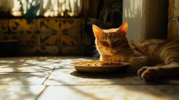Orange Cat with Food Resting in Sunlight. Feline Enjoying Golden Hour Indoors photo