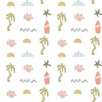 Boho summer pattern with palm trees, surfboards, and waves for creative design vector