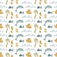 Boho summer elements pattern with tropical fish, waves, and palm trees for design vector