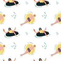 Summer fun pattern with diverse people relaxing and sunbathing vector